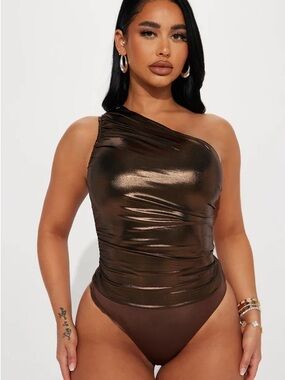 One-Shoulder Shimmer Bodysuit in Bronze